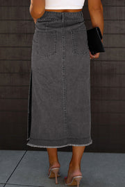 Raw Hem Slit Pocketed Midi Denim Skirt
