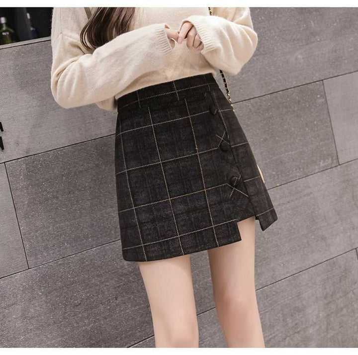 Plaid Irregular Woolen Short Skirt