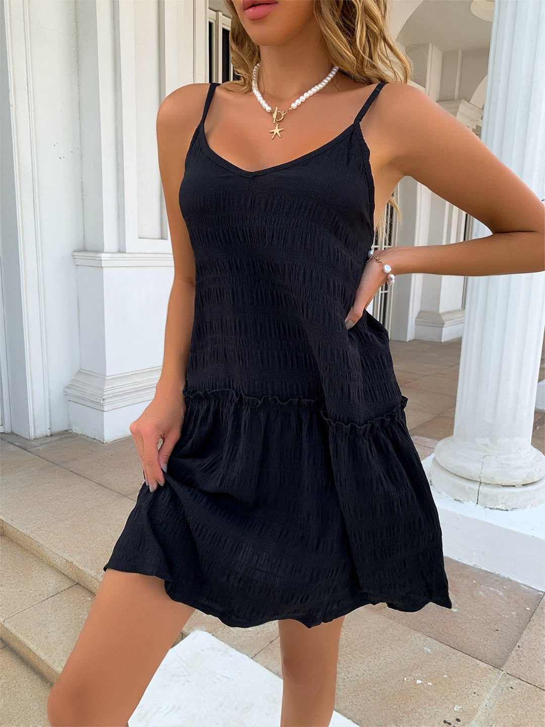 Ruffle Hem Textured V-Neck Cami Dress