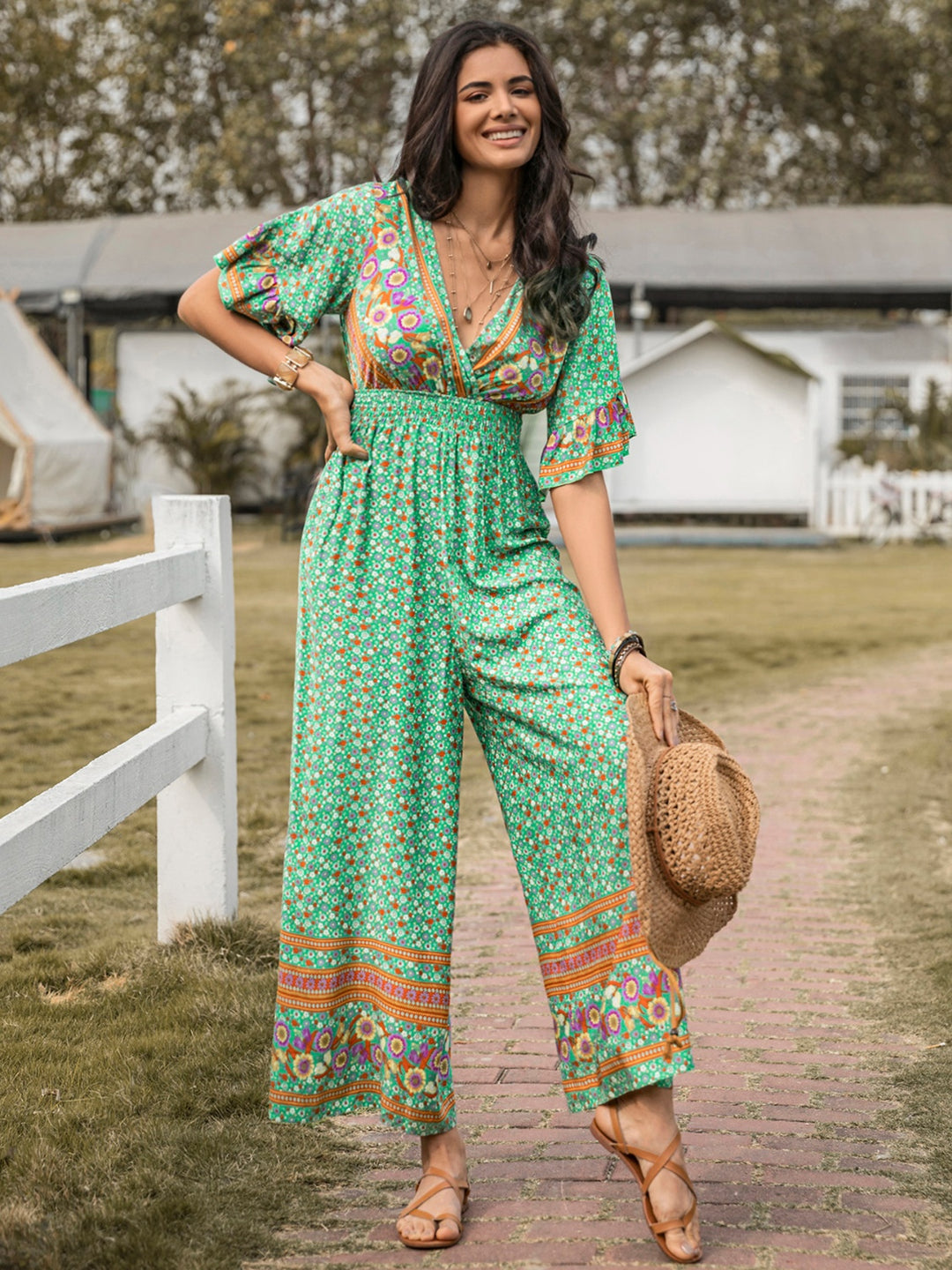 Floral Surplice Flutter Sleeve Jumpsuit