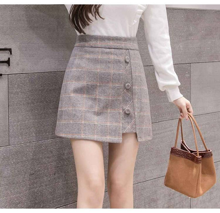 Plaid Irregular Woolen Short Skirt