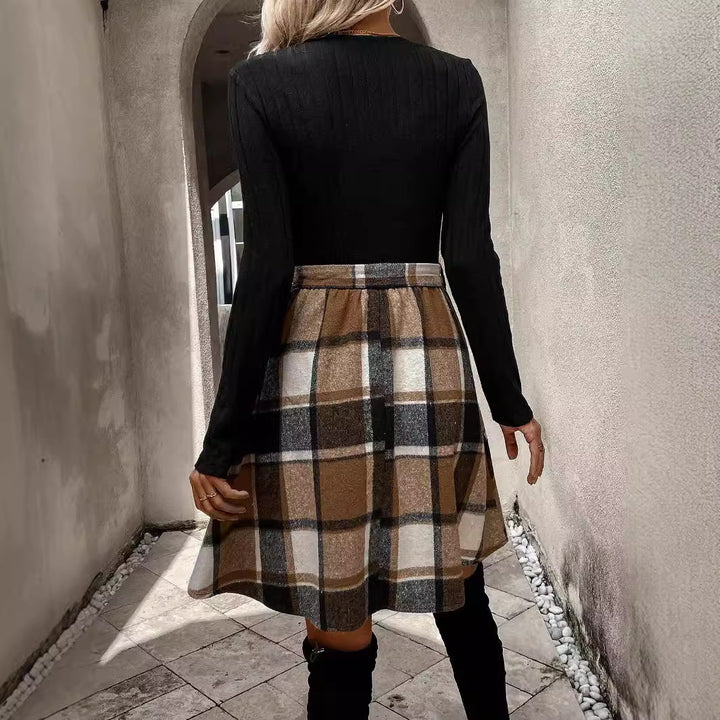 Stripe Stitching Plaid Lace-up Skirt