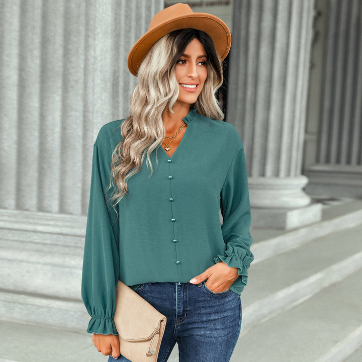 Women's V-Neck Button-Down Solid Color Shirt