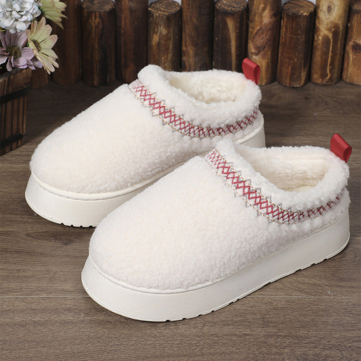 Decorative Stitch Plush  Thick-soled Indoor Outdoor Slippers