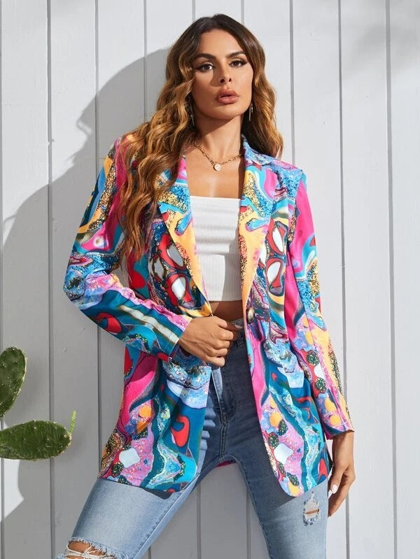 Fashion Print One Button Single Layer Suit Jacket