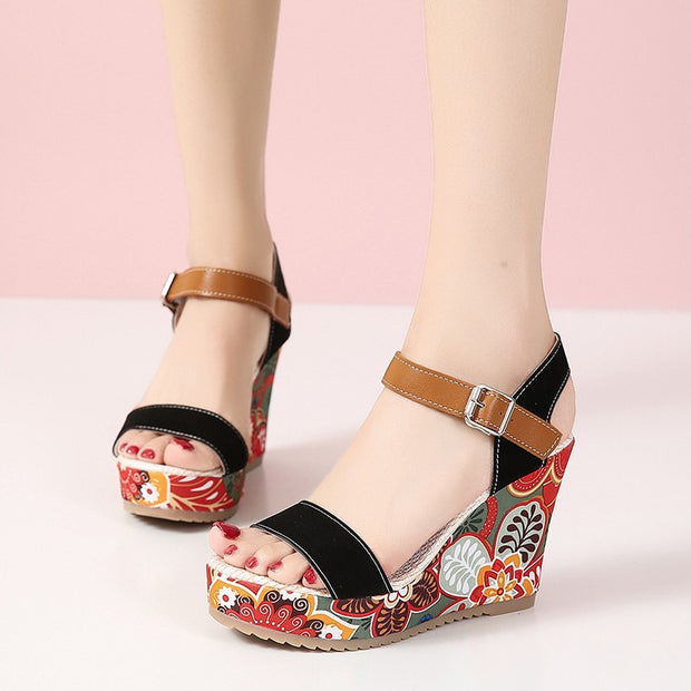 Flowers Embroidered High Wedge Sandals