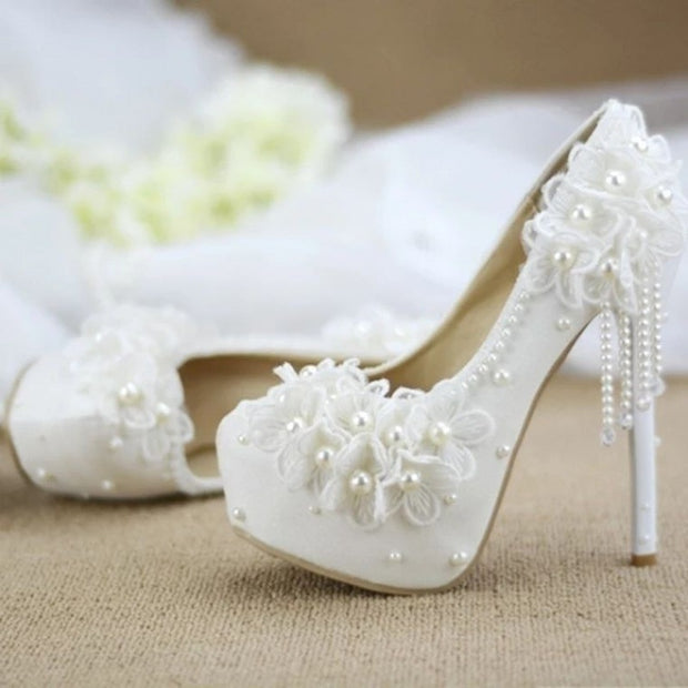 Rhinestone Lace, Flower Tassel High Heels