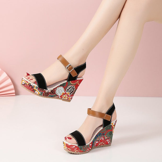 Flowers Embroidered High Wedge Sandals