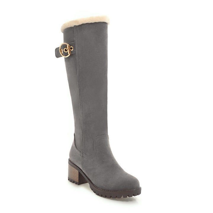 Chunky Heel Suede Buckle Zipper Warm Knee-length Boots