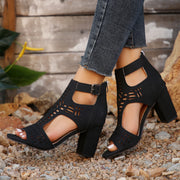 High Square Heel Hollow  With Back Zipper Design Summer Sandals