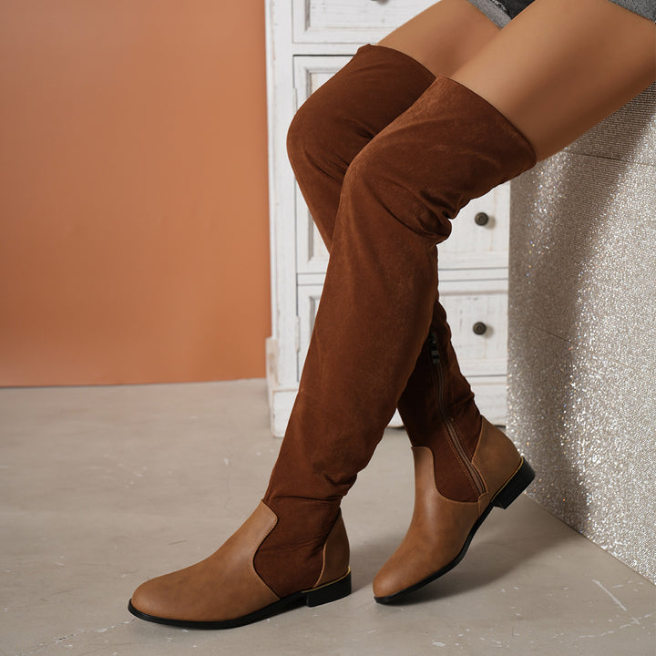 Women Suede Stitch Low-heel Long Boots With Side Zipper Design Over-the-knee Boots