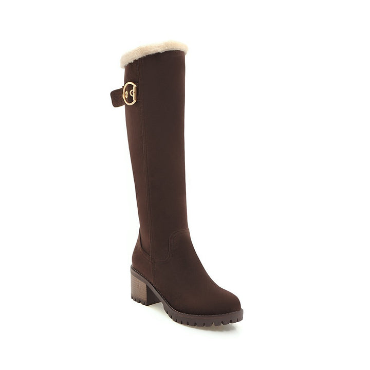 Chunky Heel Suede Buckle Zipper Warm Knee-length Boots