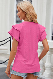 Eyelet Notched Flutter Sleeve T-Shirt