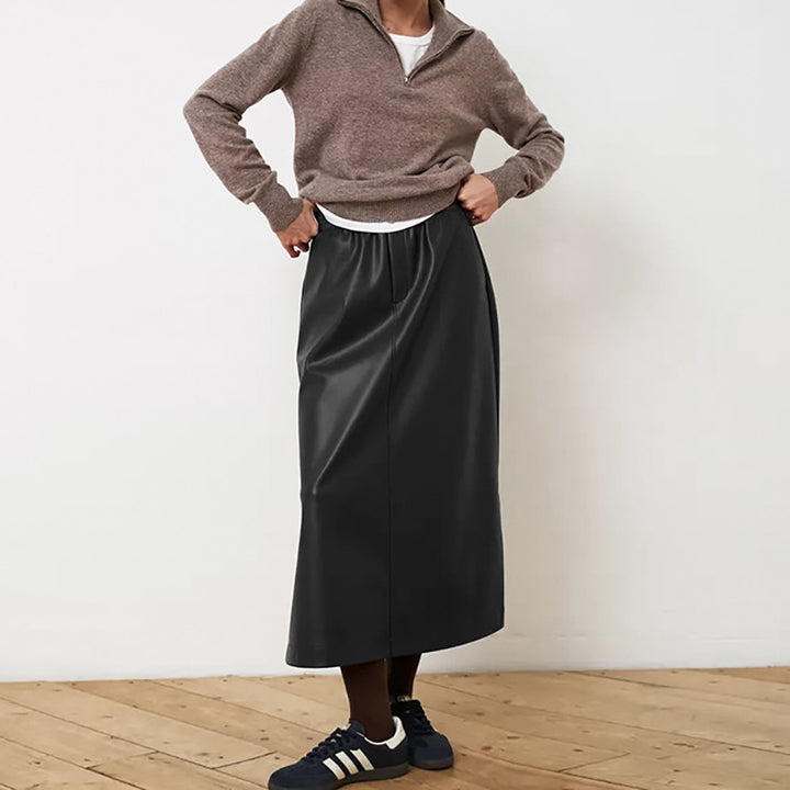 Leather Elastic Waist A- Line Skirt