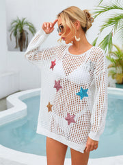 Sequin Star Round Neck Long Sleeve Cover Up