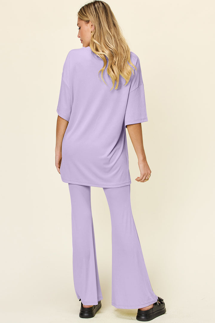 Double Take Full Size Round Neck Drop Shoulder T-Shirt and Flare Pants Set