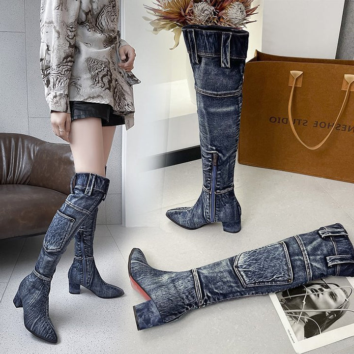 Pointed Mid Heel Denim Over Knee Boots