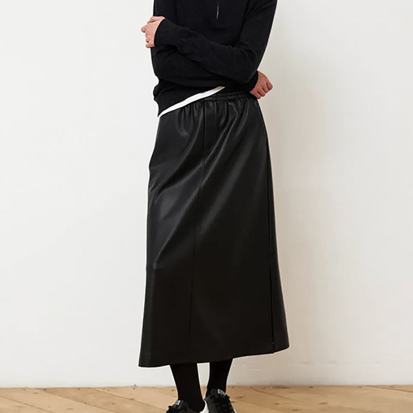 Leather Elastic Waist A- Line Skirt