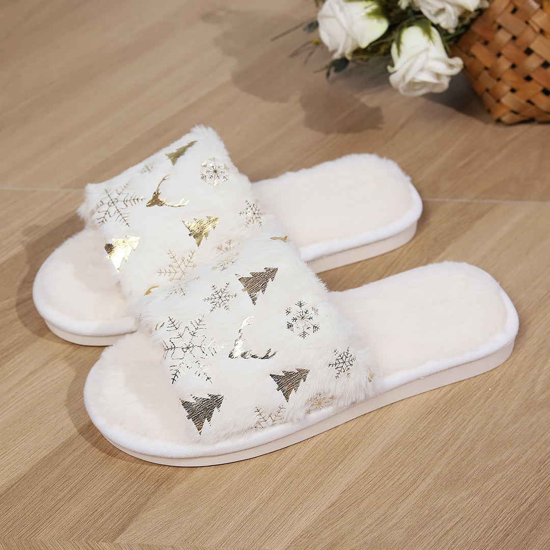 Christmas Plush Open-toed Outdoor Indoor Warm Non-slip  Slippers