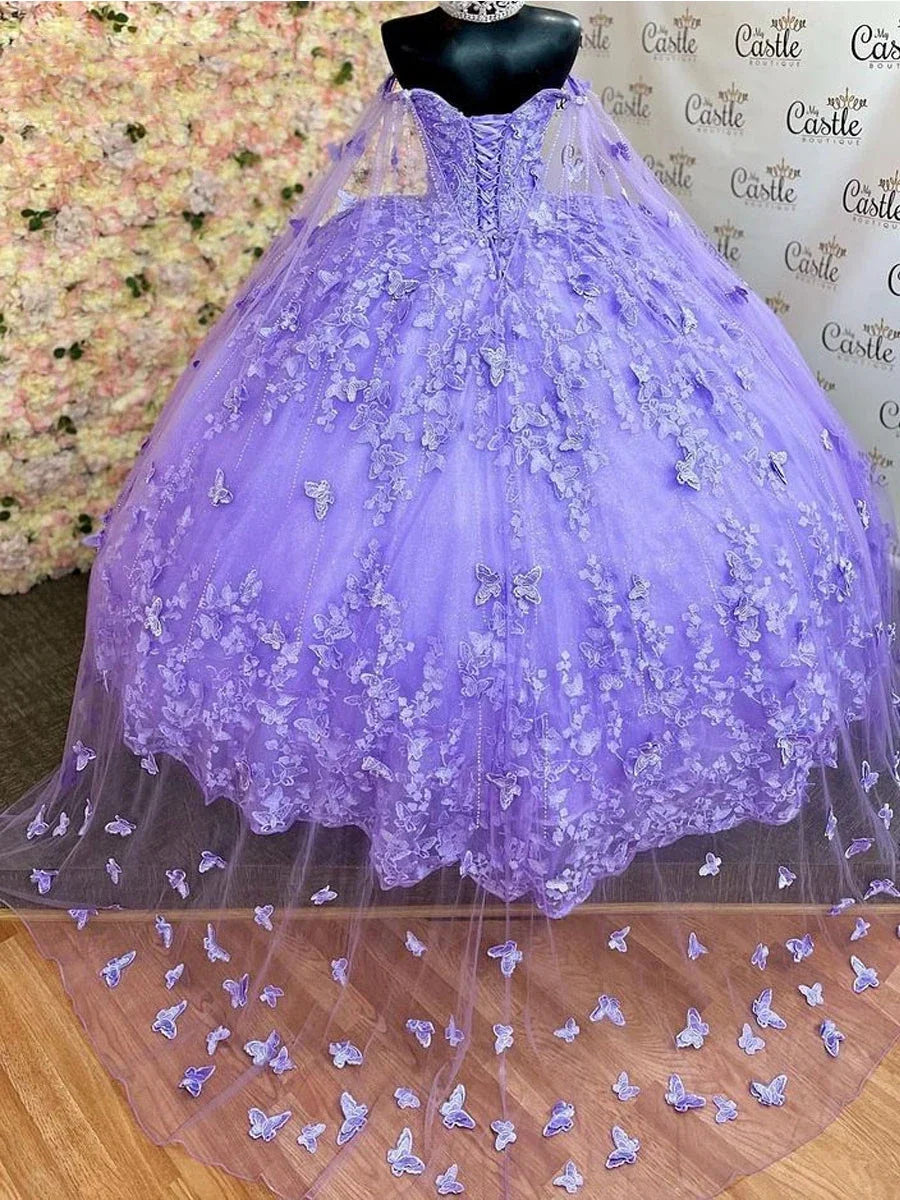 Cloak Corset  and 3D Flowers Quinceanera Dress