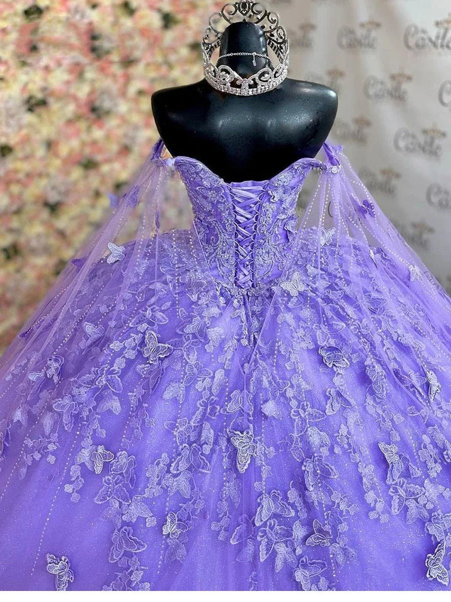 Cloak Corset  and 3D Flowers Quinceanera Dress