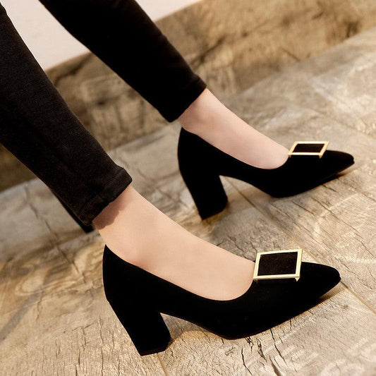 Suede Pointed Toe Square Buckle Heels - TheFashionwiz