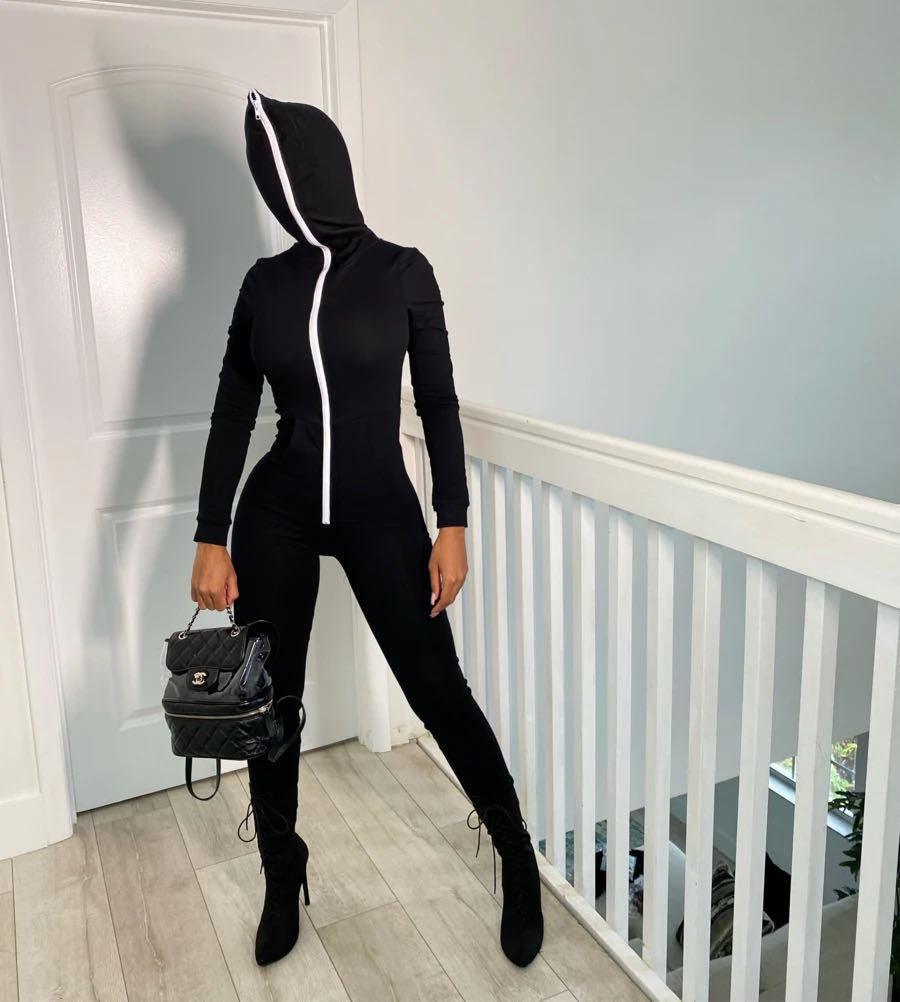 Women's Hooded Solid Color Jumpsuit Sweater - TheFashionwiz