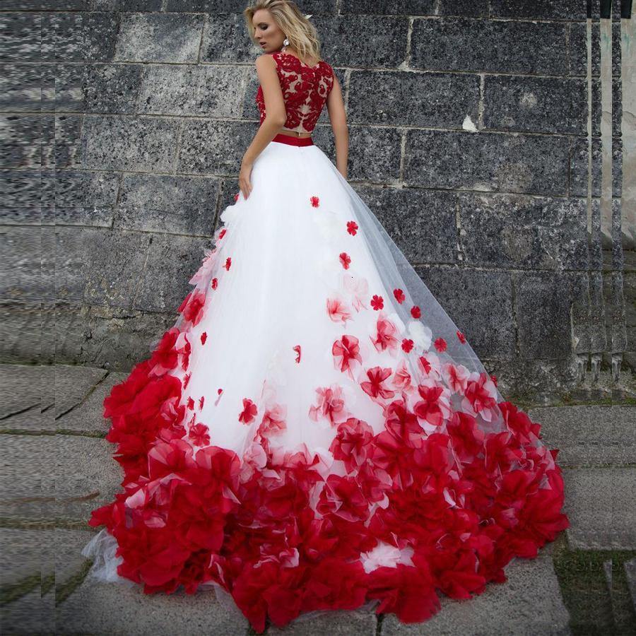 Bohemian Style White and Red Flower Lace Dress and Ball Gown - TheFashionwiz