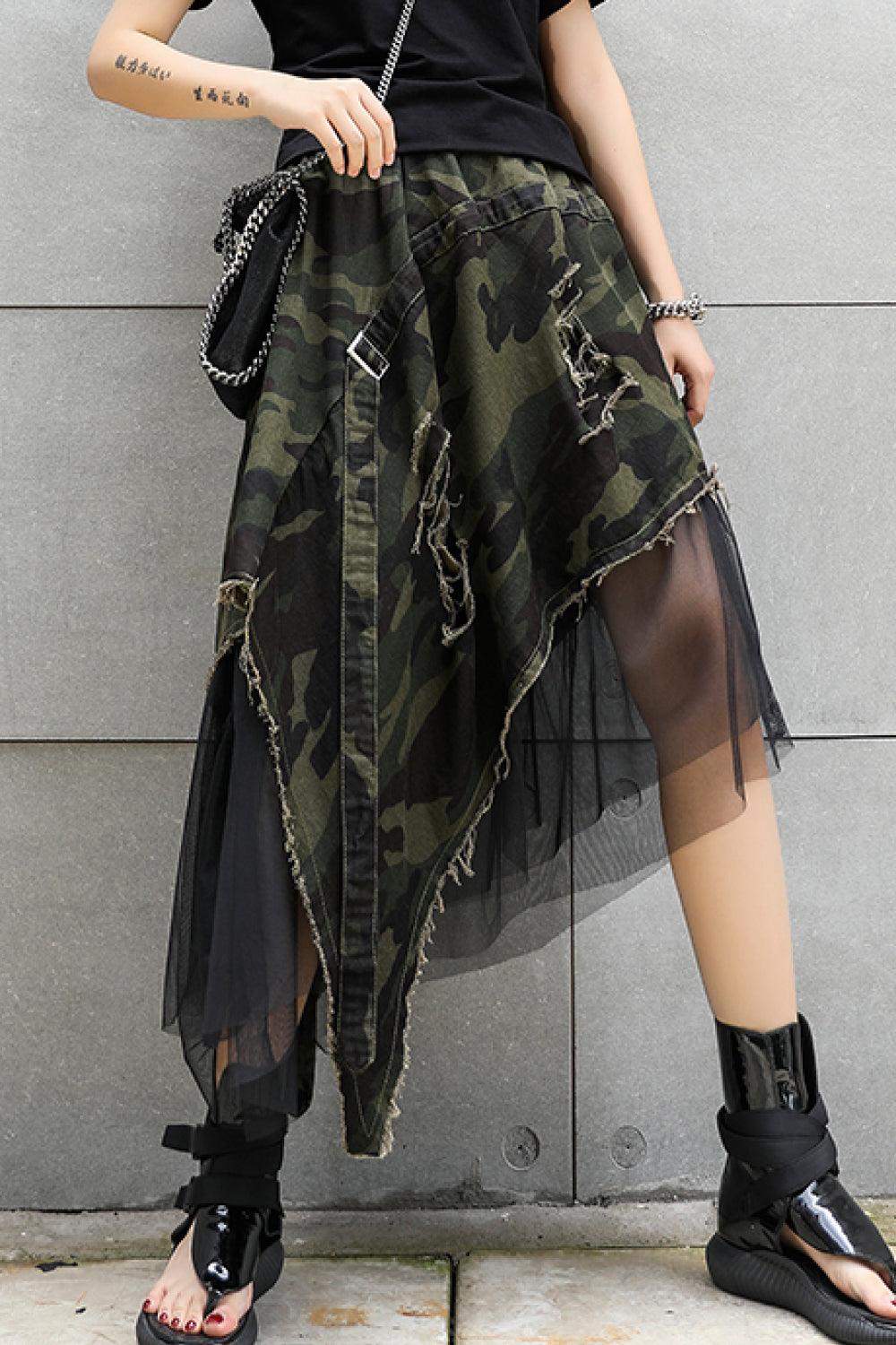 Camouflage Asymmetrical Distressed Denim Skirt with Mesh - TheFashionwiz