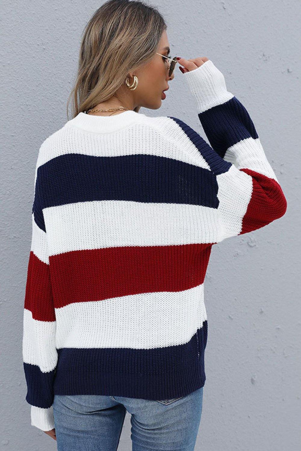Color Block Long Sleeve Ribbed Sweater - TheFashionwiz