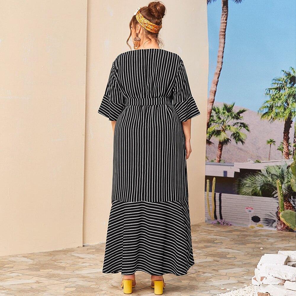 Summer Women Three Quarter  Black Ruffles Maxi Long Dresses - TheFashionwiz