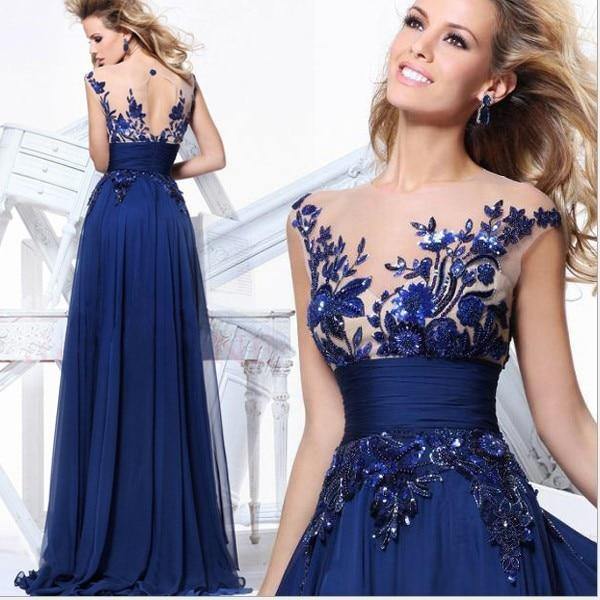 Elegant Blue Lace Satin Chiffon Formal Evening Dress - TheFashionwiz