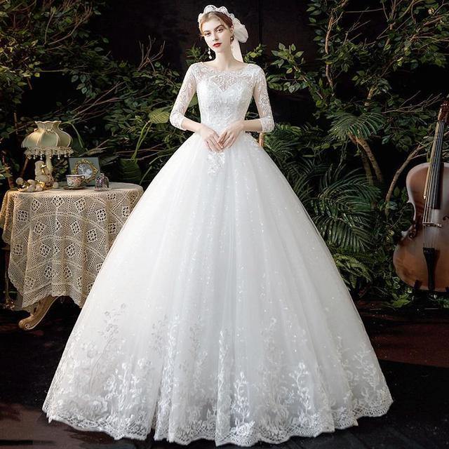 Elegant Three Quarter Sleeve Luxury Wedding Dress - TheFashionwiz