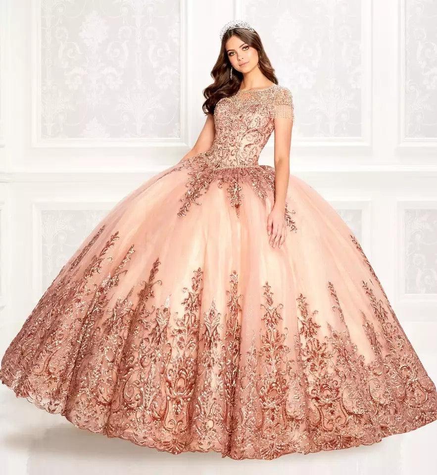 Red Gold Appliqued Sequins Lace Up Quinceanera Dress - TheFashionwiz
