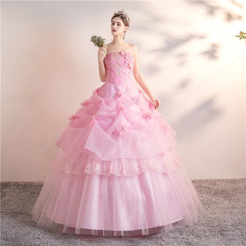 Tiered  Floor Length Strapless Ball Gown, Quinceanera and Formal Dress - TheFashionwiz