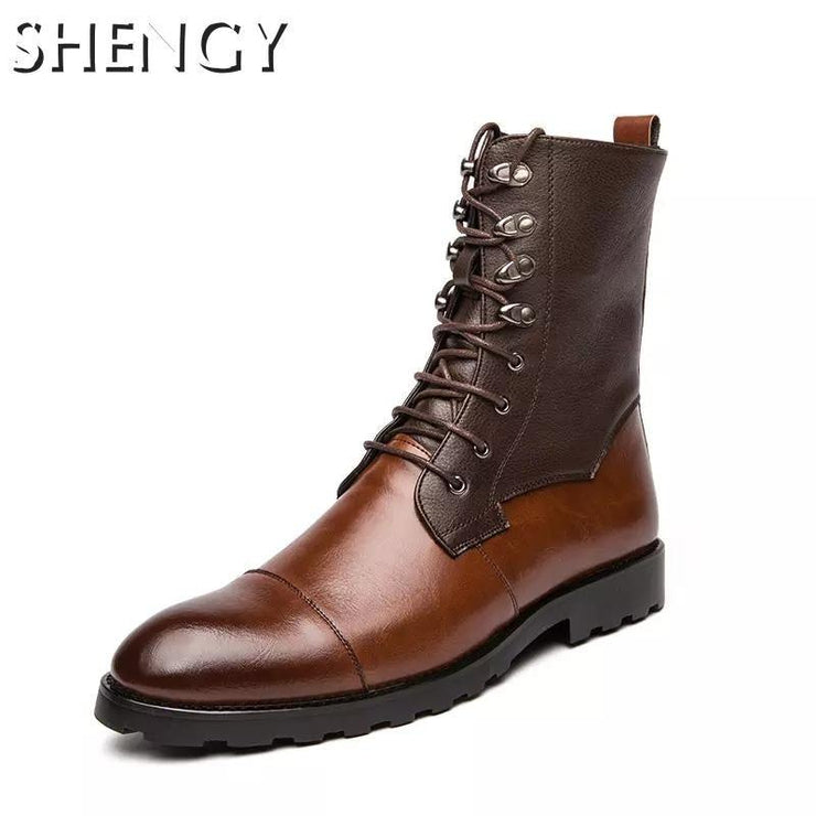 Men Genuine Leather High Top Lace Up Boots - TheFashionwiz