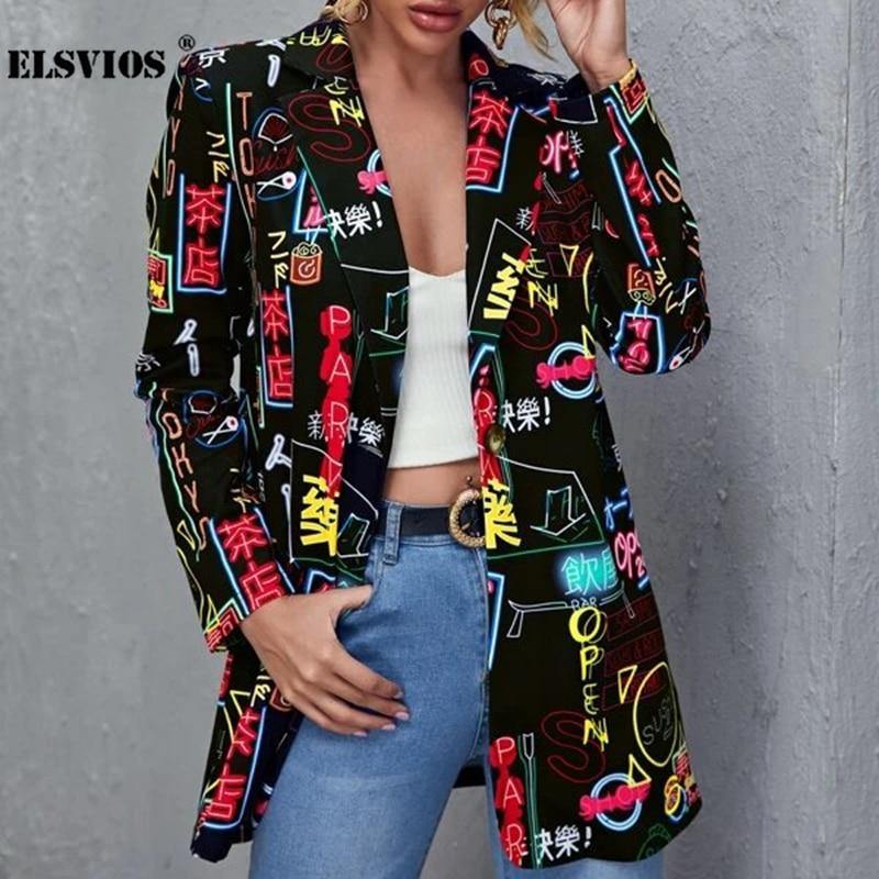 Women Lapel Fashion Print Long Sleeves Jacket - TheFashionwiz