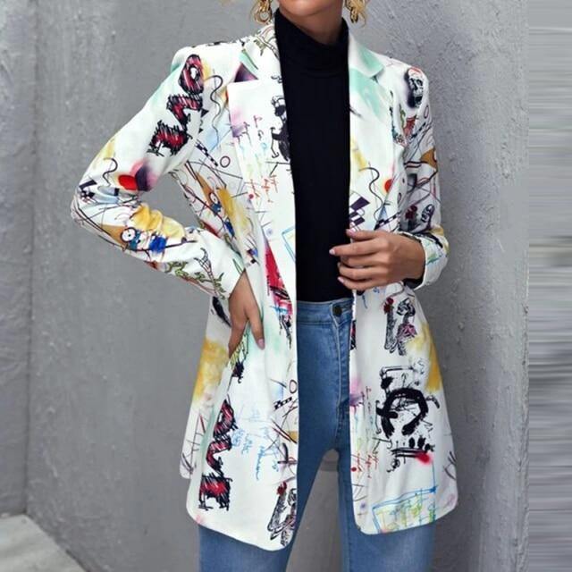 Women Lapel Fashion Print Long Sleeves Jacket - TheFashionwiz