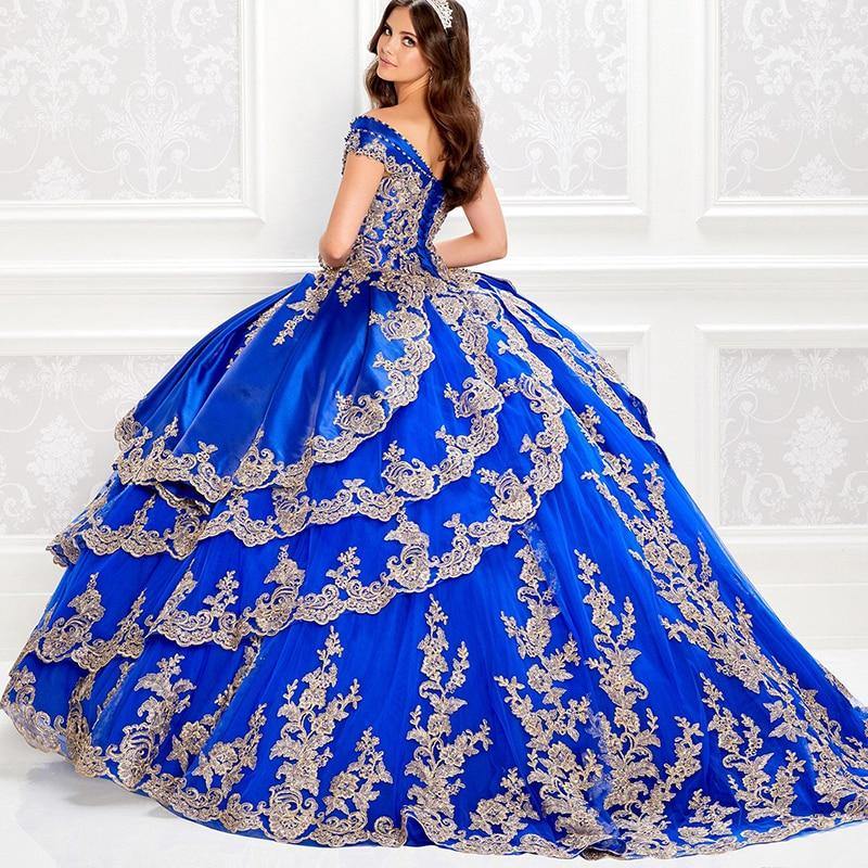 Royal Blue Gold Appliqued Quinceanera Dress - TheFashionwiz