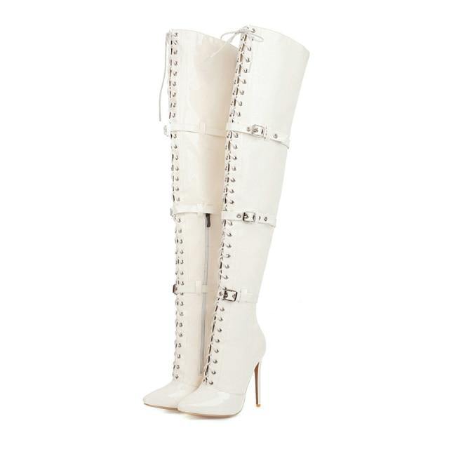 Ultra Thin Heel Thigh High Boots with Strap Buckle - TheFashionwiz