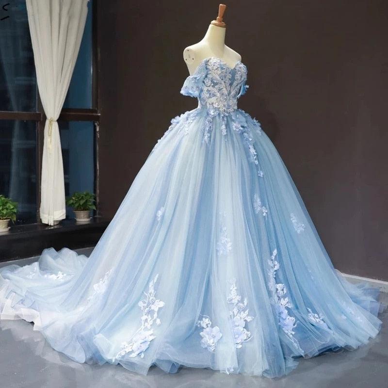 Sky Blue Sweetheart Off Shoulder Quinceanera Dress and Princess Ball Gown - TheFashionwiz