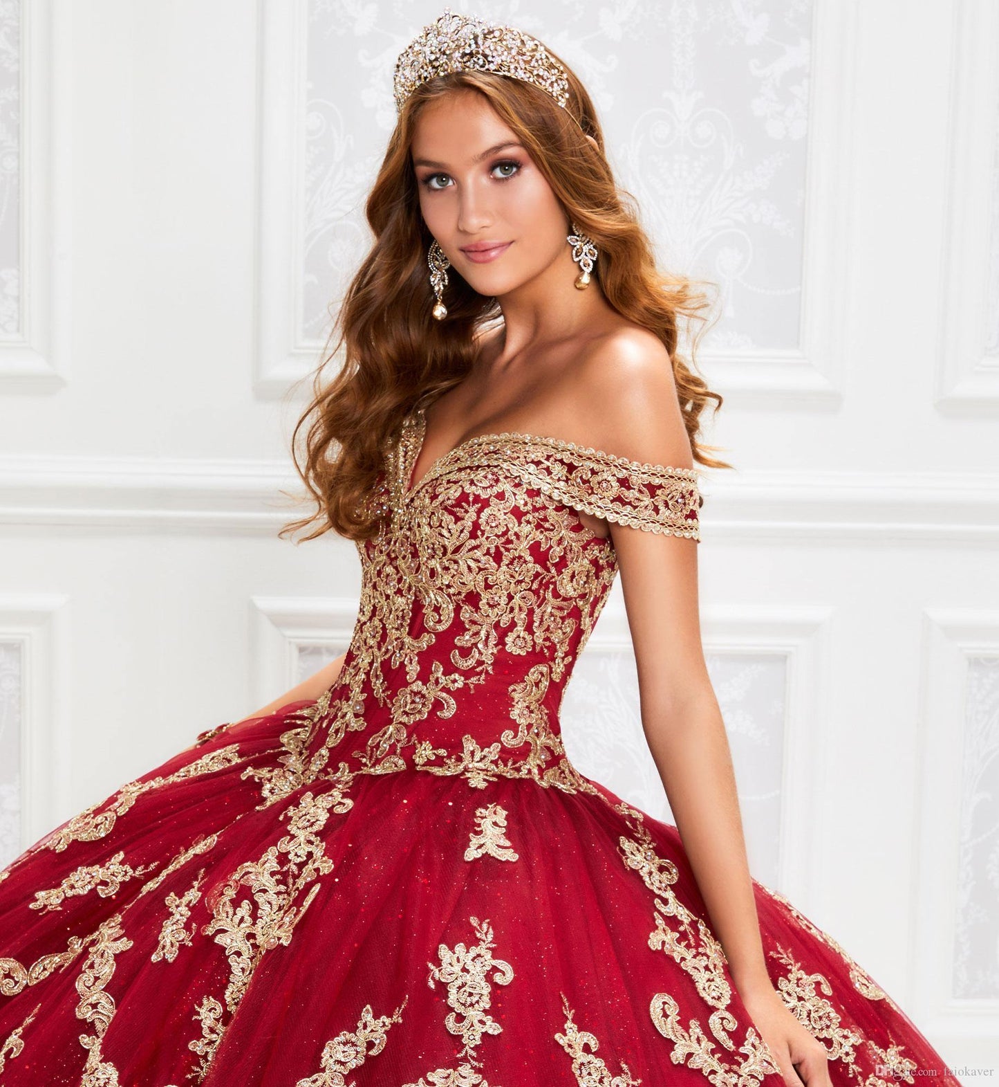 Red Gold Appliqued Sequins Lace Up Quinceanera Dress - TheFashionwiz