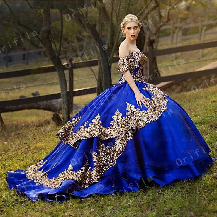 Royal Blue Sequined Sparkly Lace Quinceanera Formal Dress - TheFashionwiz