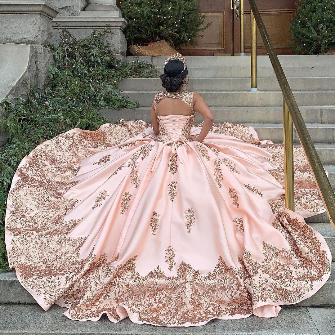 Satin Princess Appliques Rose Gold Quinceanera Dress - TheFashionwiz