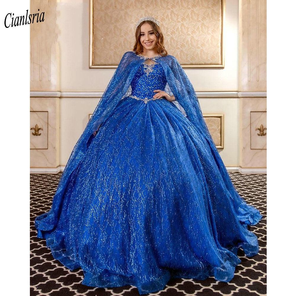 Royal Blue Sequined Crystal Tulle Quinceanera Dress With Cloak - TheFashionwiz