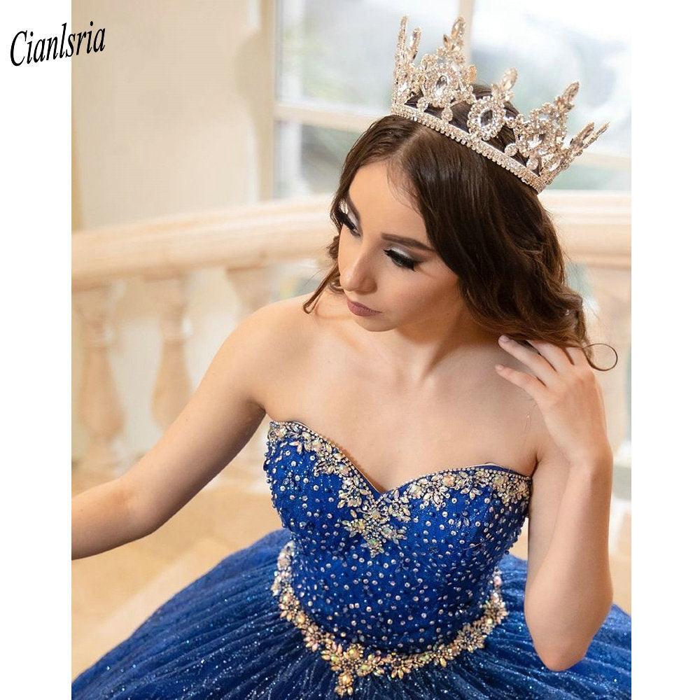 Royal Blue Sequined Crystal Tulle Quinceanera Dress With Cloak - TheFashionwiz